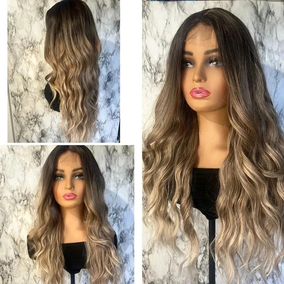 Front Lace Closure balayage brown Root  &  Blonde Wavy Hair - Picture 1 of 7